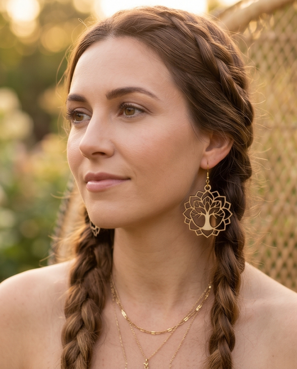 Boucles d’oreilles Arbre de Vie en bois de tilleul  & acier inoxydable