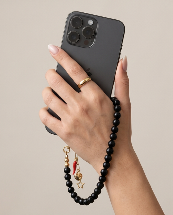 Bijou de portable en perles semi-précieuses Onyx & acier inoxydable