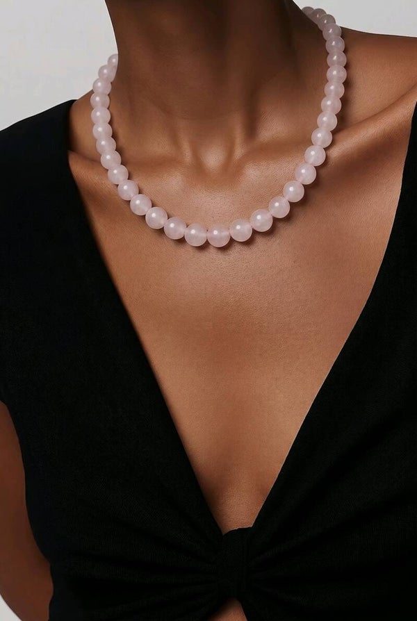 Collier Quartz Rose & Acier Inoxydable. 10 mm