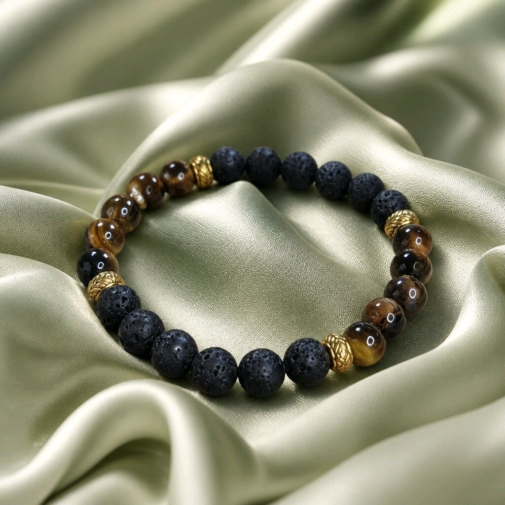 Bracelet Pierre de lave & Œil de tigre  8 mm