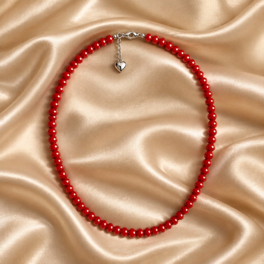 Collier perles de Coquillages du Pacifiques Rouge & Acier Inoxydable  6 mm