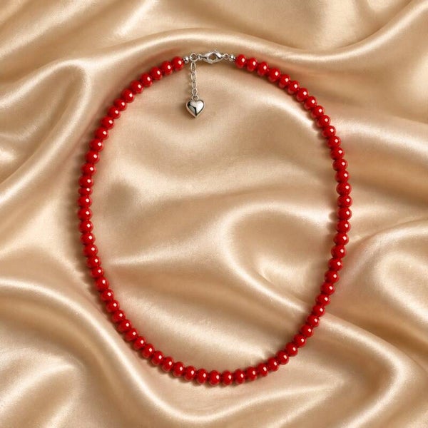 Collier perles de Coquillages du Pacifiques Rouge & Acier Inoxydable  6 mm