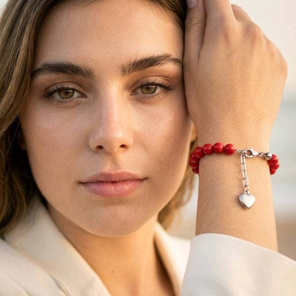 Bracelet perles de Coquillages du Pacifique Rouge & Acier Inoxydable  6 mm