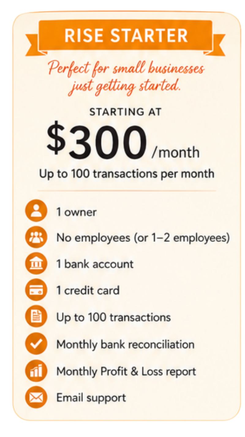 rise starter price package for bookkeeping for single owner small businesses 