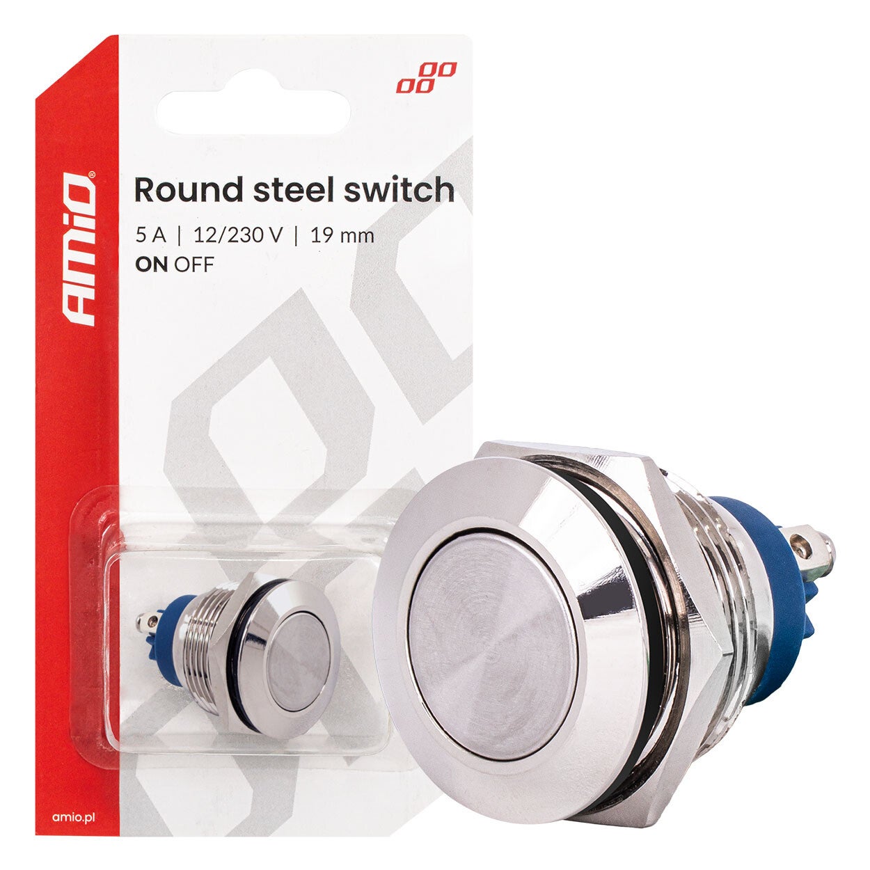 Round steel ON/OFF switch 19mm 5A 12/230V AMIO-04474