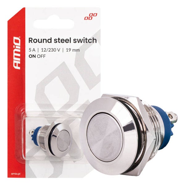 Round steel ON/OFF switch 19mm 5A 12/230V AMIO-04474