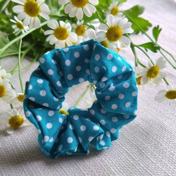 Blue polkadot mini scrunchie