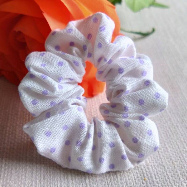 White and purple polkadot mini scrunchie