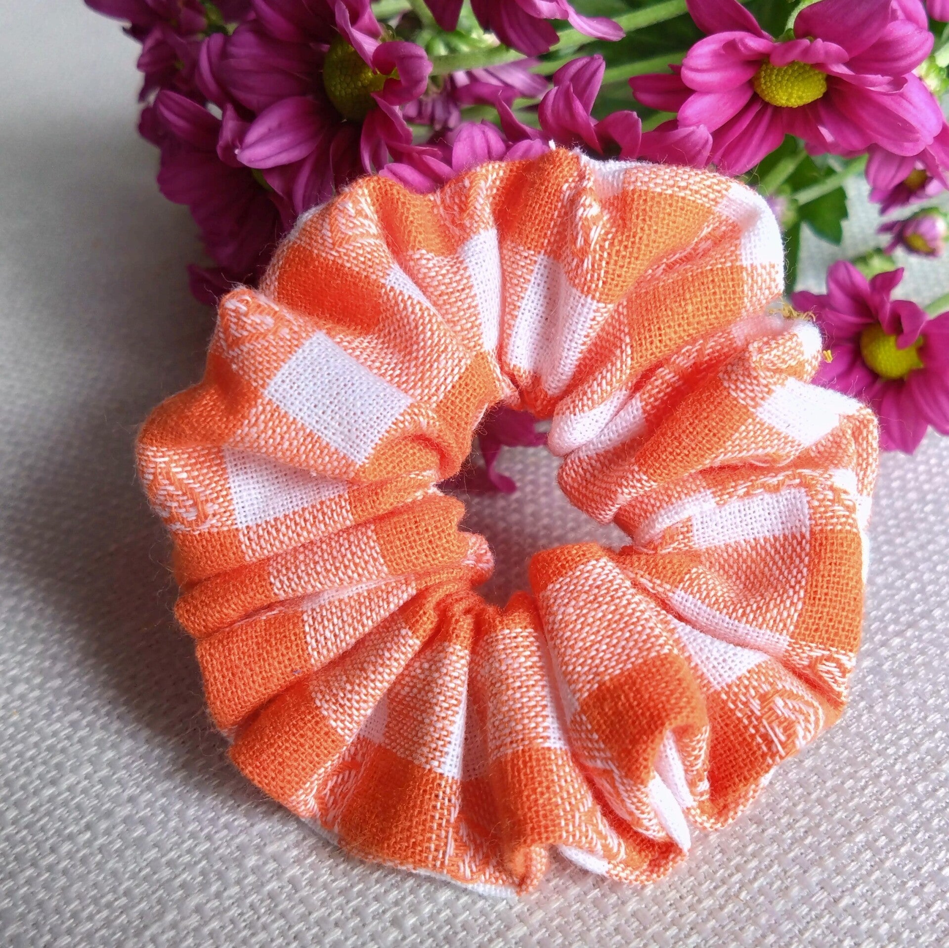 Orange grid mini scrunchie