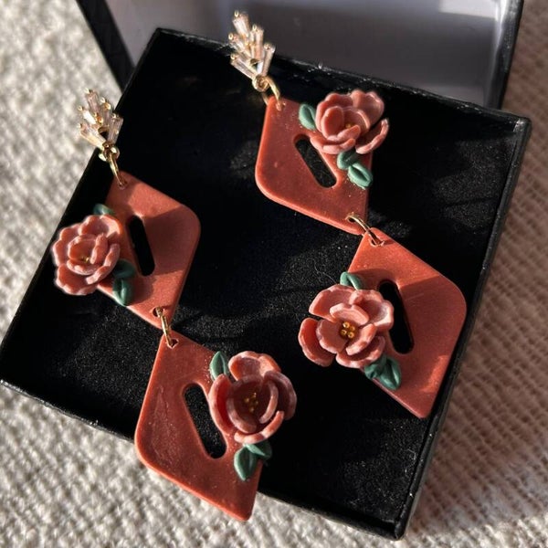 Copper daimont drops bloemen oorbellen