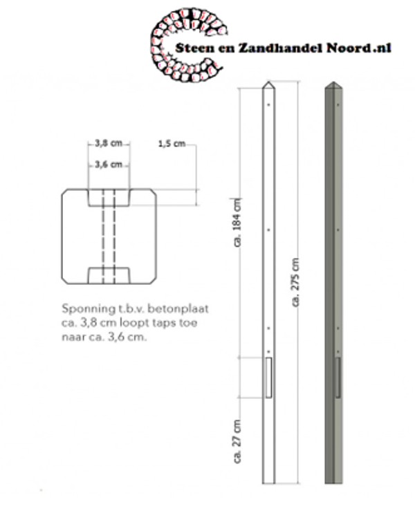 Lichtgewicht betonpaal met diamantkop ongecoat 8,5x8,5x275 cm, tussenpaal, grijs.