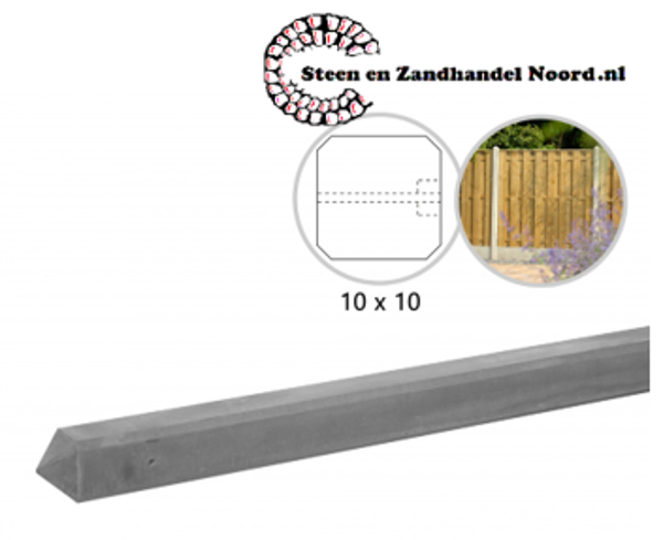 Betonpaal glad met diamantkop 10 x 10 x 280 cm, grijs ongecoat, eindpaal.