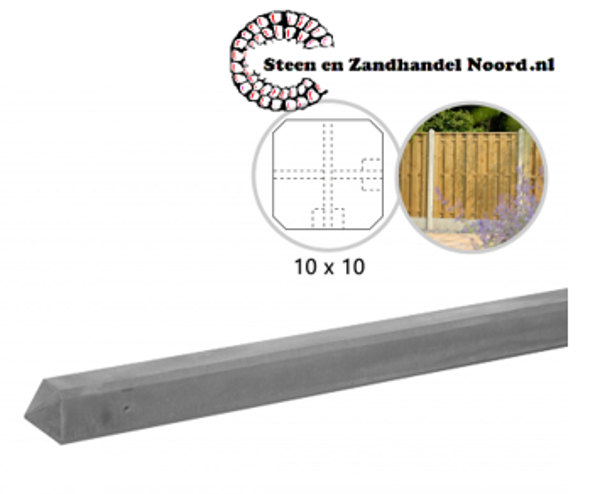 Betonpaal glad met diamantkop 10 x 10 x 280 cm, grijs ongecoat, hoekpaal.