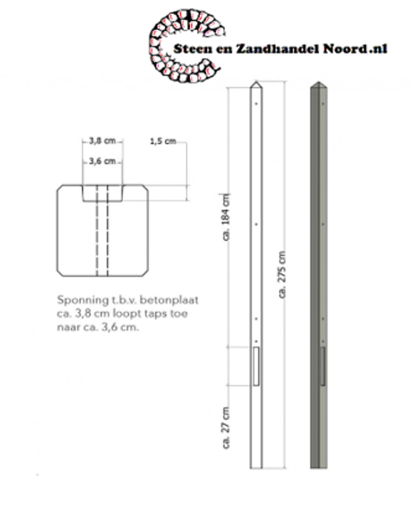 Lichtgewicht betonpaal met diamantkop ongecoat 8,5x8,5x275 cm, eindpaal, grijs.