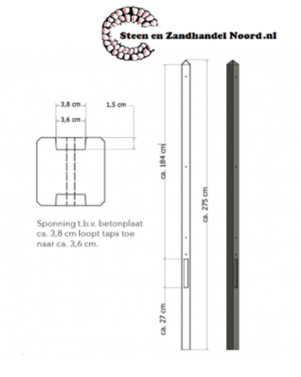 Lichtgewicht betonpaal met diamantkop ongecoat 8,5x8,5x275 cm, tussenpaal, antraciet.