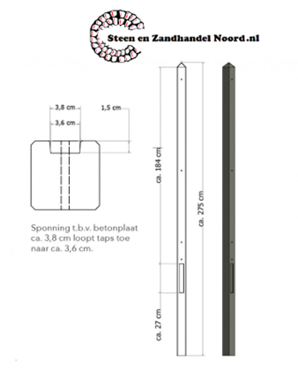 Lichtgewicht betonpaal met diamantkop ongecoat 8,5x8,5x275 cm, eindpaal, antraciet.