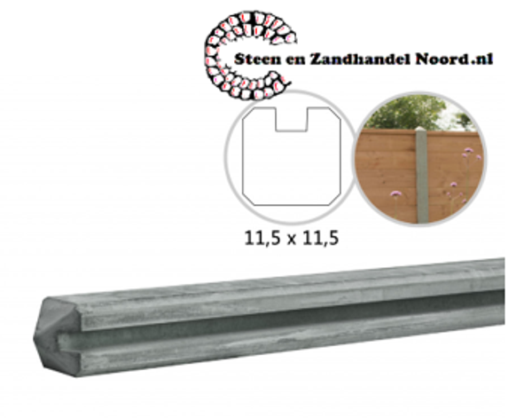 Betonpaal met sleuf en diamant kop t.b.v. schutting 11,5 x 11,5 x 278 cm, grijs eindpaal, ongecoat.