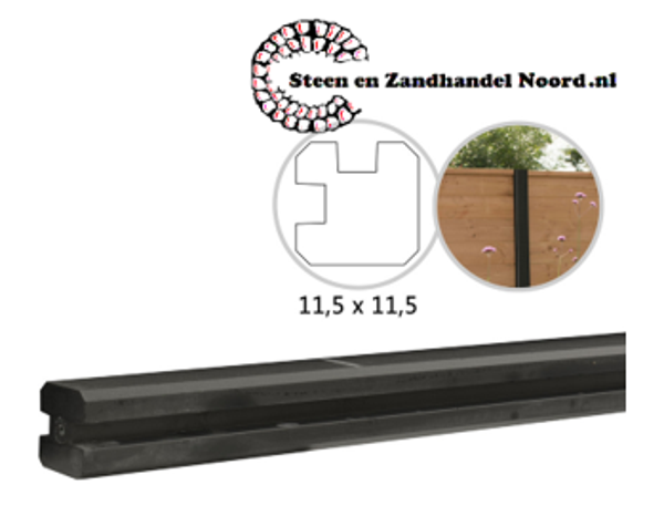 Betonpaal met sleuf en platte kop t.b.v. schutting 11,5 x 11,5 x 277 cm, antraciet hoekpaal, gecoat.