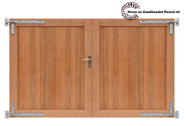 Hardhouten dubbele toegangspoort, verticaal, 300 x 180 cm. Incl. beslag