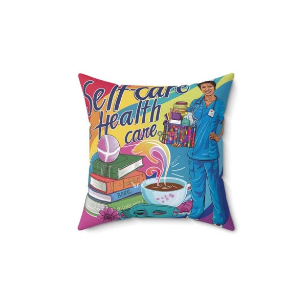 Self-Care Health Square Pillow - Colorful Inspirational Decor for Wellness Enthusiasts
