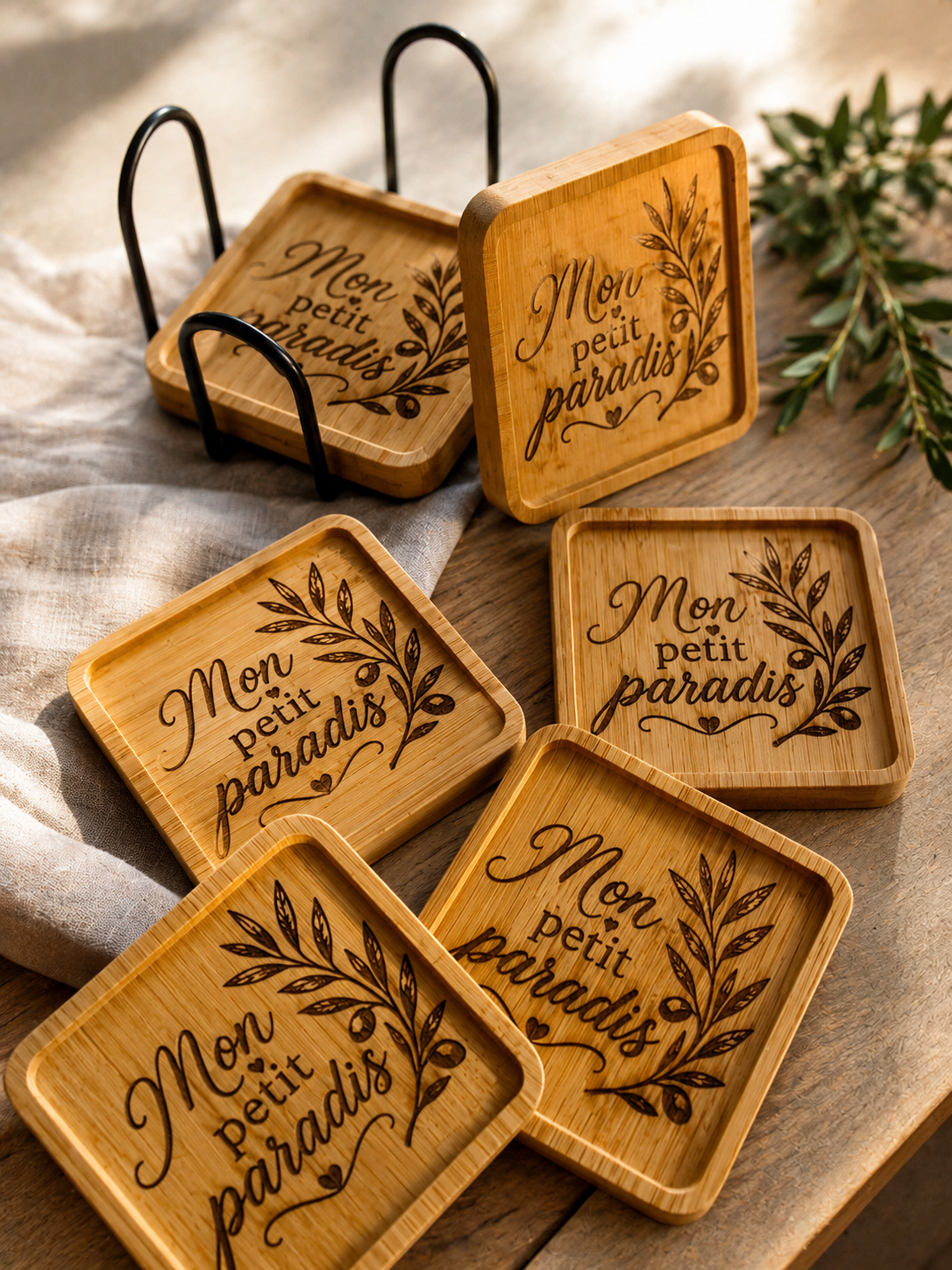 6 sous verres en bois bambou gravé