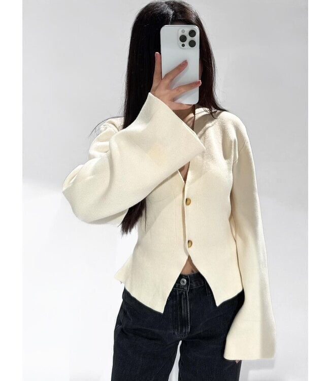 Ecru V-hals vest met wijde mouwen – Minimalistische elegante dames top