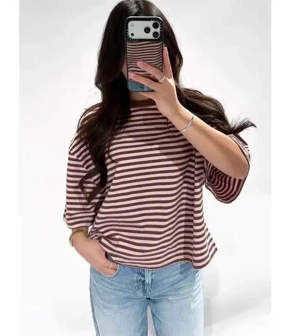 Redifined Striped tee brown/ pink