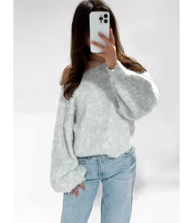 Off-shoulder gebreide trui - Grijs, fluffy & Oversized