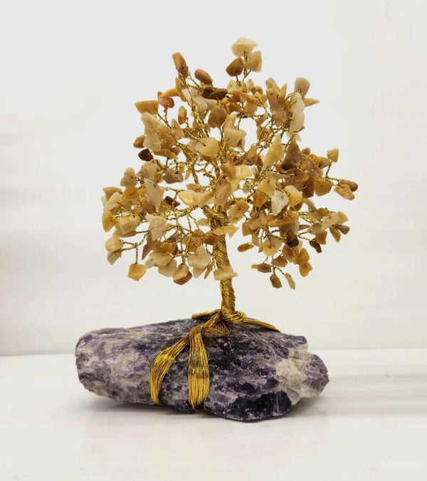 Edelsteenboom – Gouden Agaat met Amethistbasis & Gouddraad