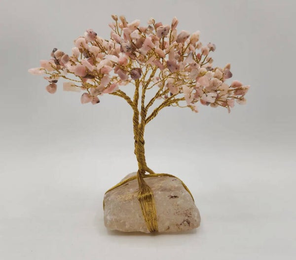 Edelsteenboom – Roze Opaal met Helder Kwartsbasis & Gouddraad