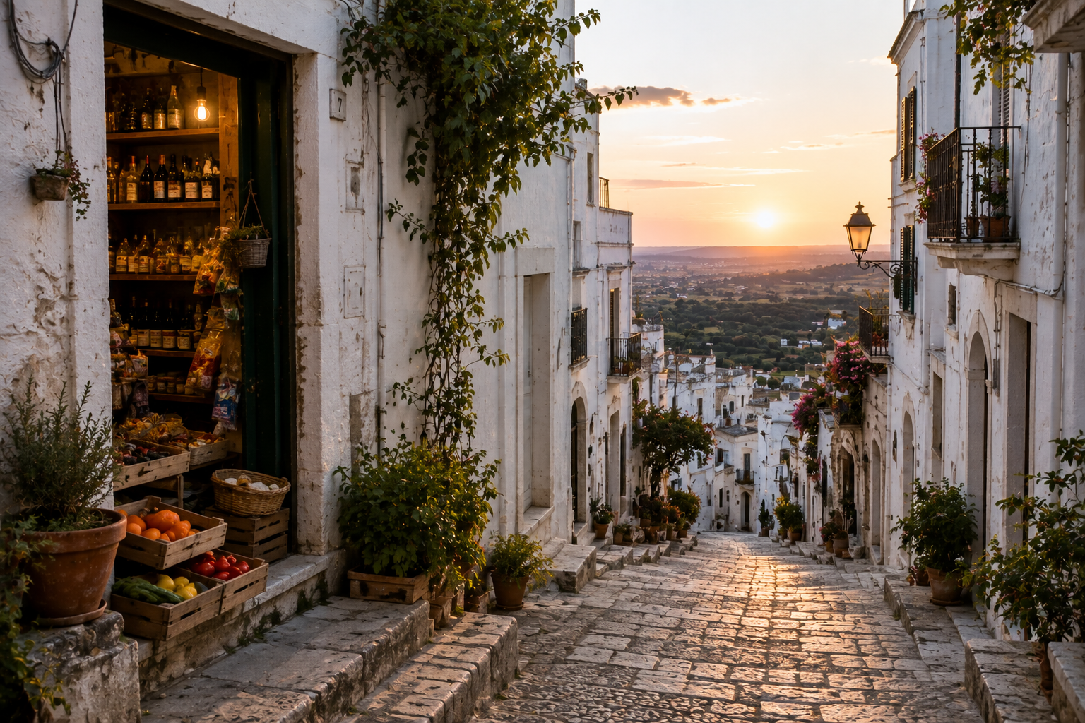 Quiet historic street with a traditional local food shop, representing hidden gems and everyday life in Valle d'Itria.