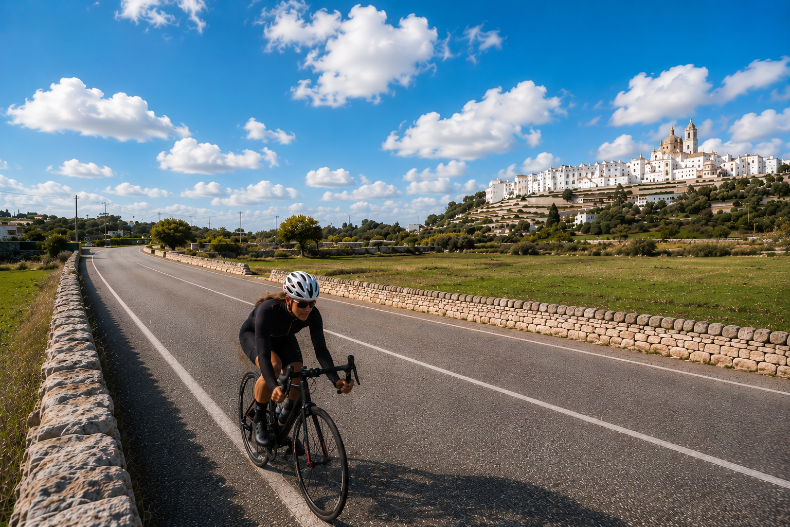 Cycling through the scenic countryside of Valle d'Itria, Puglia, surrounded by dry-stone walls and olive groves.