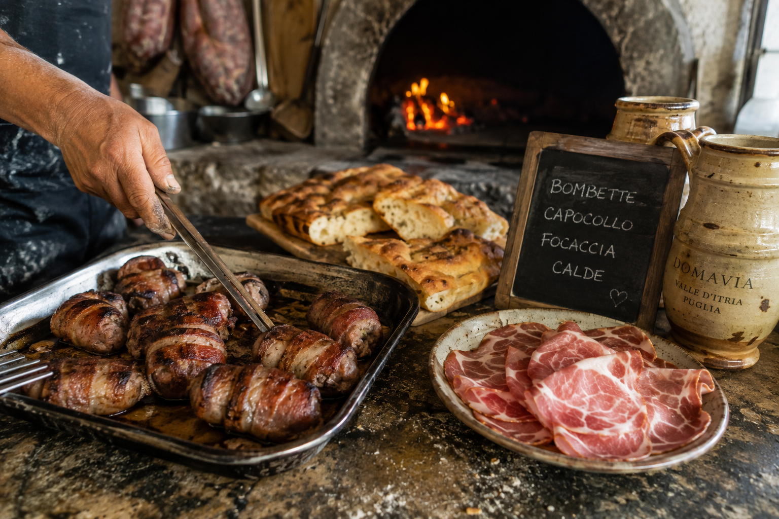 Traditional bombette, capocollo and focaccia representing the authentic food traditions of Valle d'Itria, Puglia.