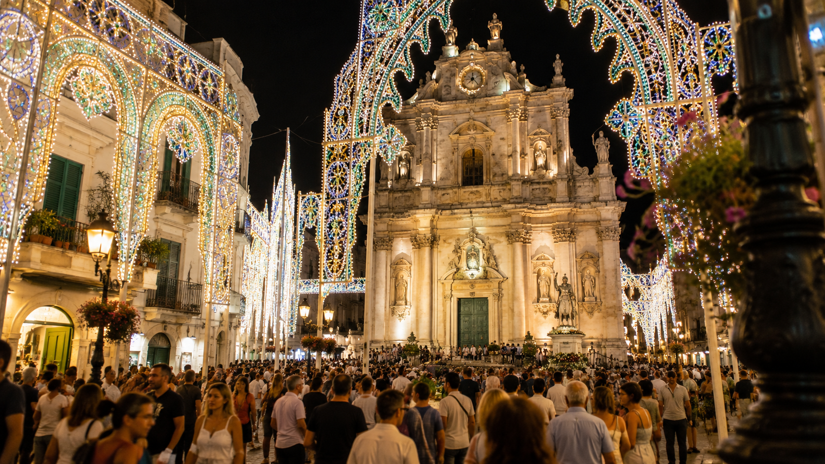 Traditional Puglian festival with decorative luminarie, representing local celebrations and traditions in Valle d'Itria.