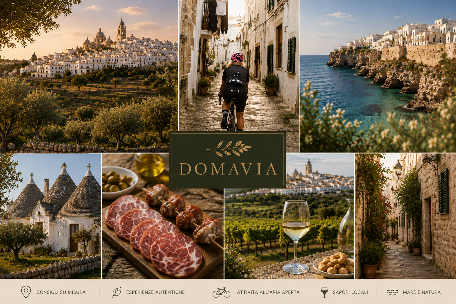 Collage of authentic experiences in Valle d'Itria, including villages, local food, vineyards, the coast and cycling.