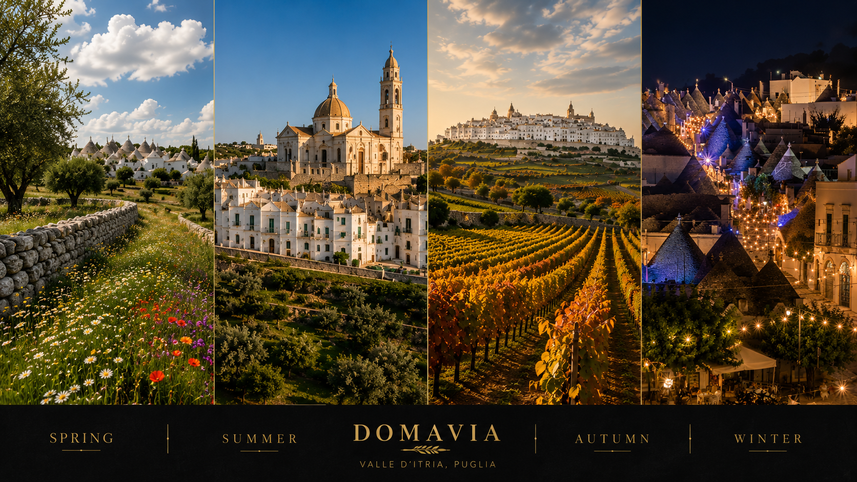 Valle d'Itria through spring, summer, autumn and winter, showing countryside, vineyards, villages and seasonal traditions.