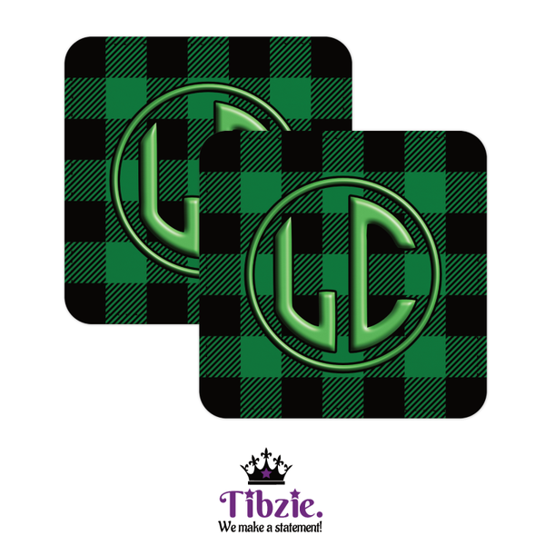 Black Buffalo Plaid Print Initial Monogram Coasters