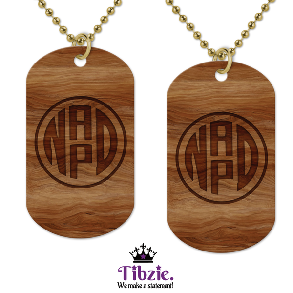 Carved Wooden Print Initial Monogram Dog Tag Necklace