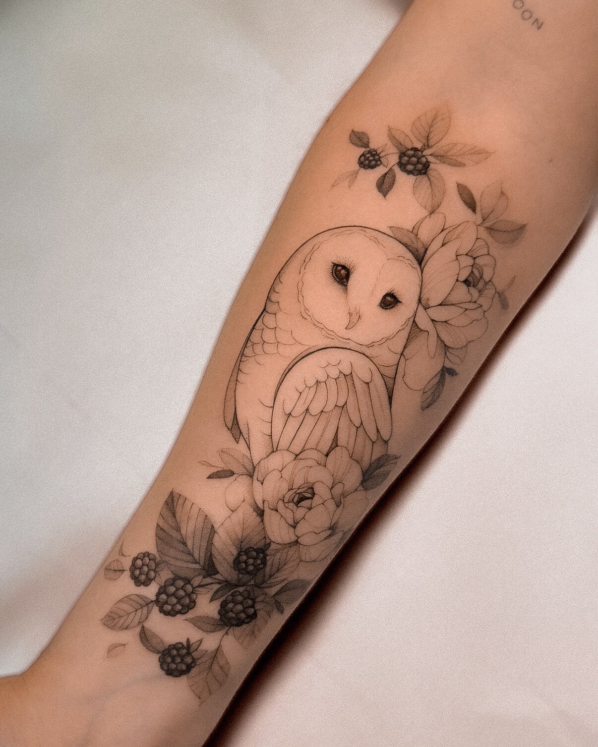 minimalistycnzy tatauaż sowy fine line na ręku Olsztyn 