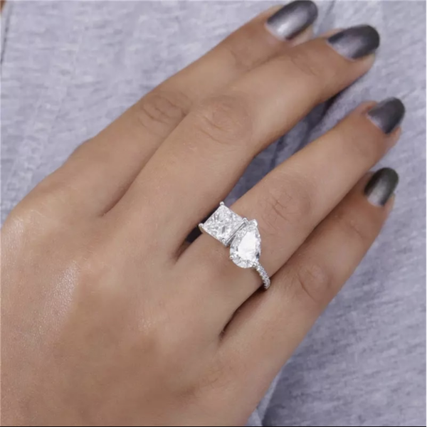 3.00 Carat Natural Earth Mined Diamond Ring Princess Cut And Pear Cut Diamonds set