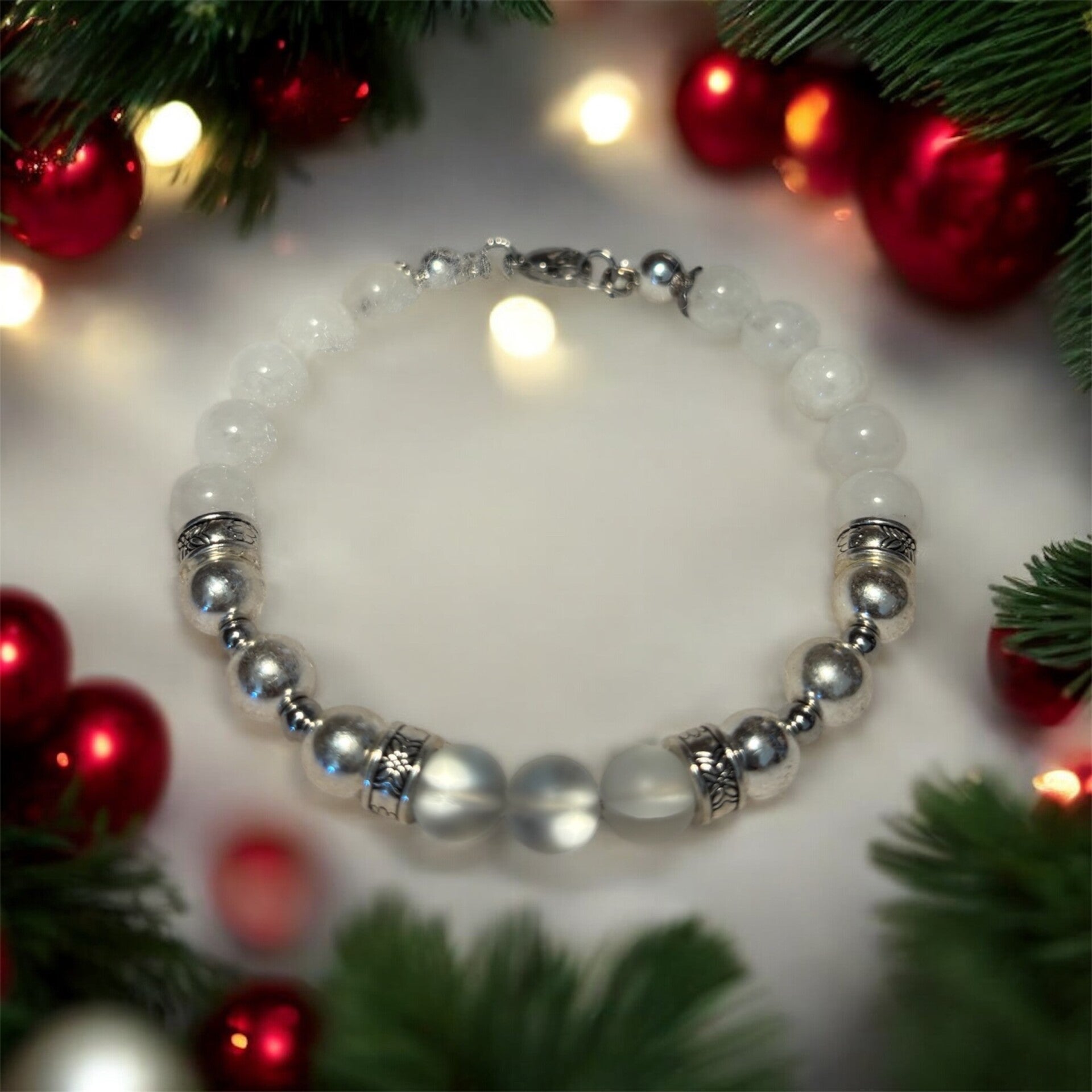 Bracelet Jade Blanche & Hématite & Pierre de Lune