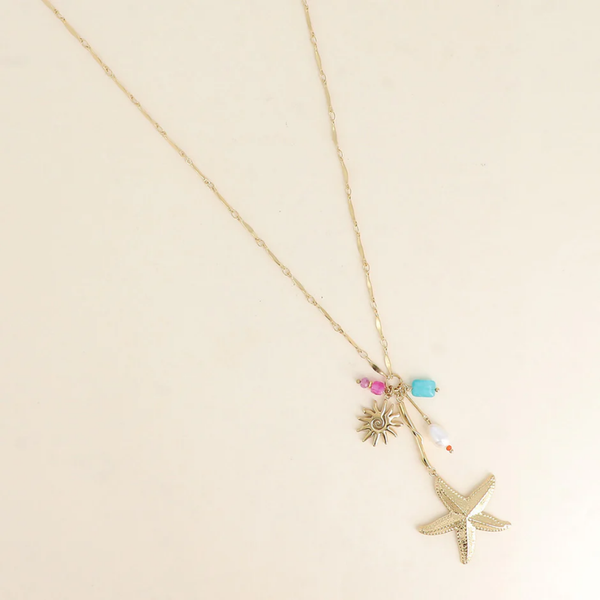 Y-ketting - zeester, witte harsparal, zon en natuurlijke stenen