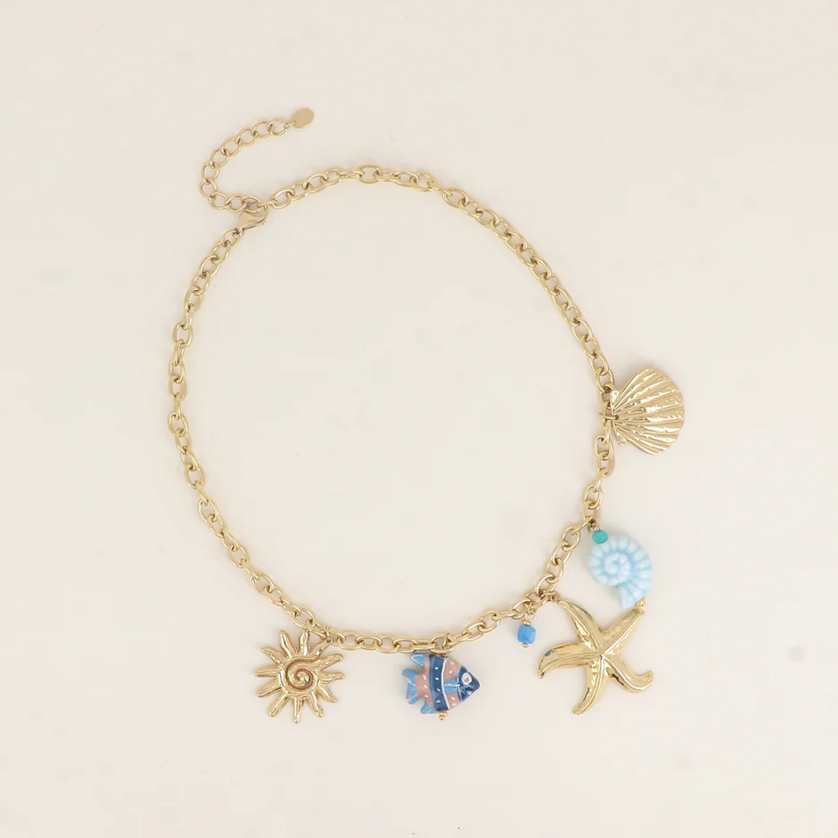 Ketting - Schelpdieren, zeesterren, zon, vis, keramiek en glazuur