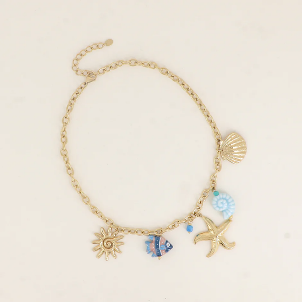 Ketting - Schelpdieren, zeesterren, zon, vis, keramiek en glazuur