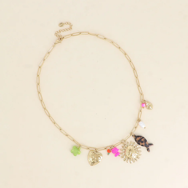 Ketting - Hamerhart, Zon, Bloem en Vis in Hars, Natuurlijke Stenen