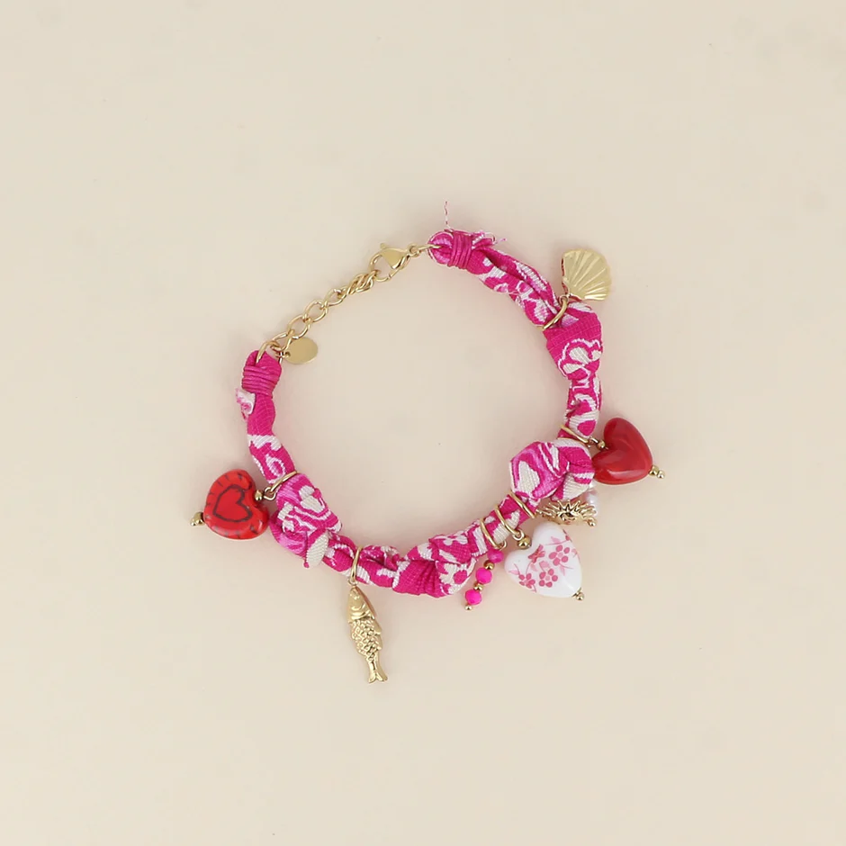 Armband - Stof, bedeltjes (keramiek, vis, harten, hars en zoetwaterparels)