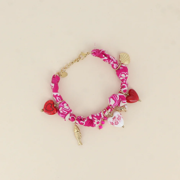 Armband - Stof, bedeltjes (keramiek, vis, harten, hars en zoetwaterparels)