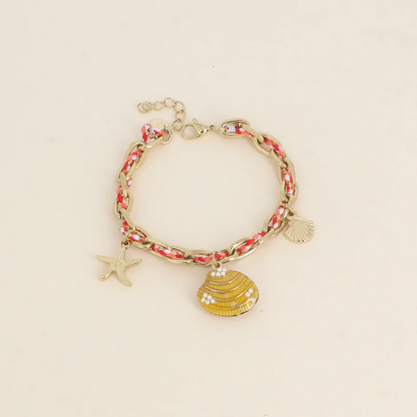 Armband - ketting en gevlochten koord, 3 hangers (zeester, geëmailleerde schelp en schelp)