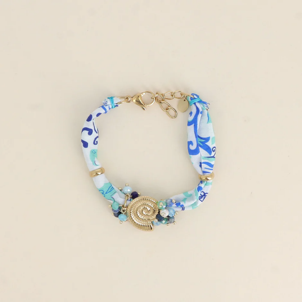 Armband - Stof, roestvrij staal en harsparralen, schelphanger