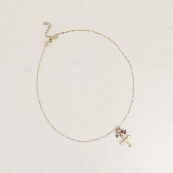 Ketting - Religieus kruis, natuurlijke stenen